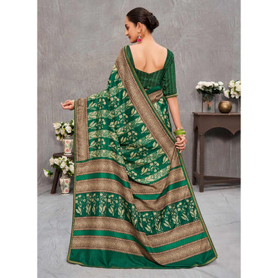 green-floral-printed-tussar-silk-saree