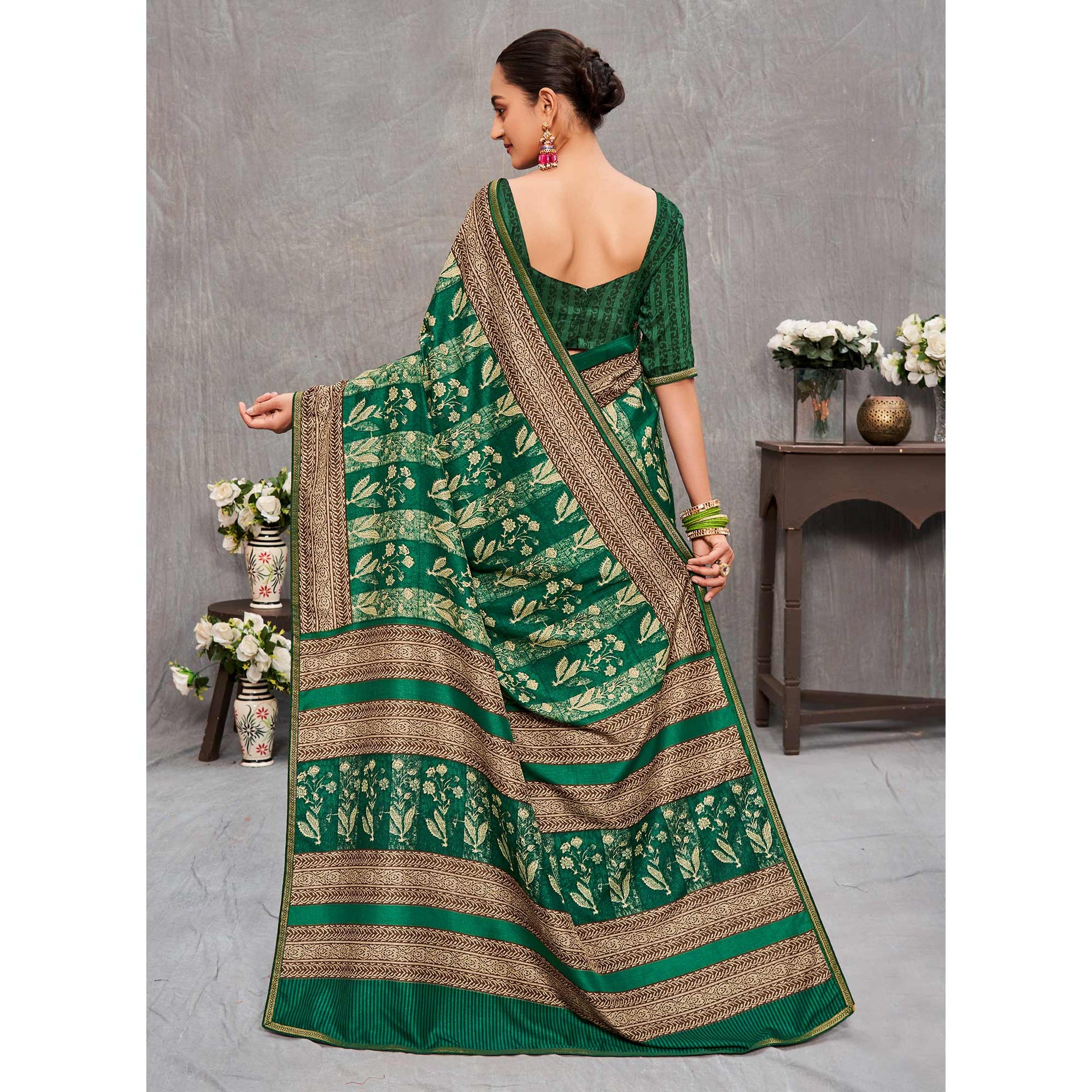 green-floral-printed-tussar-silk-saree
