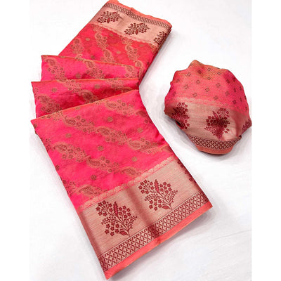 Gajari Pink Floral Woven Organza Saree