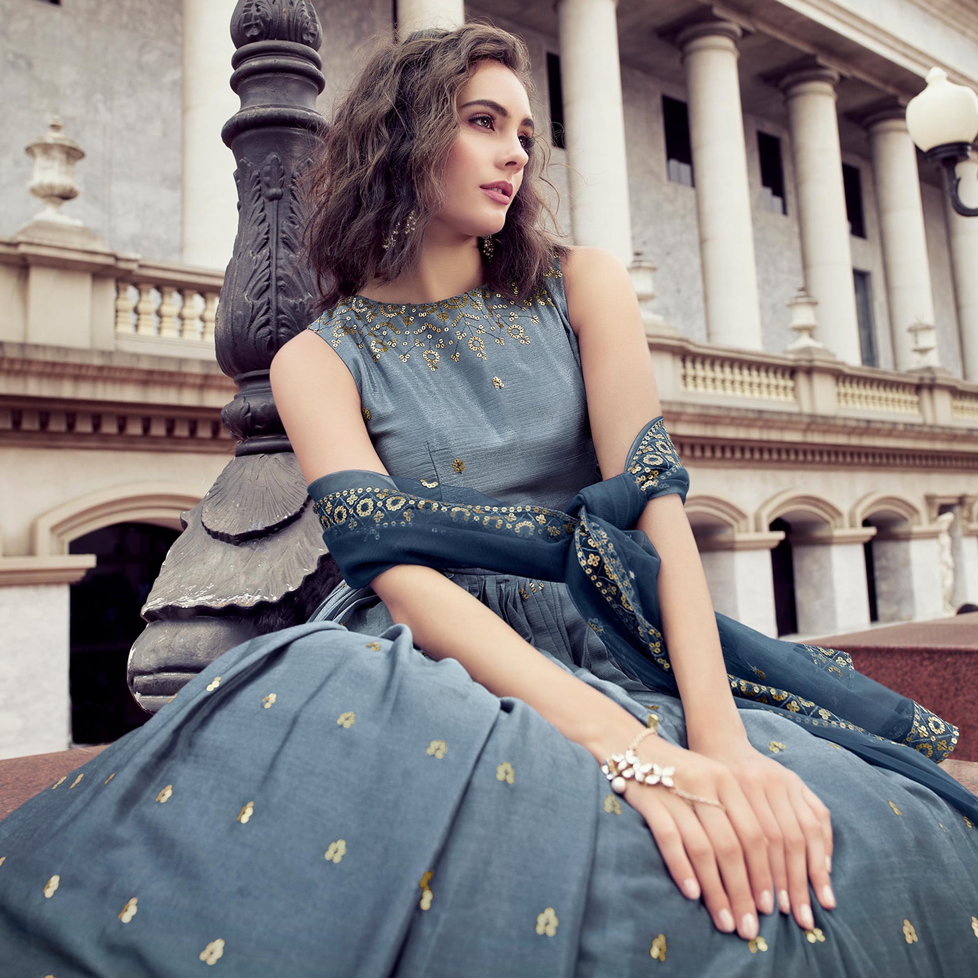 Grey Sequins Embroidered Chiffon Gown