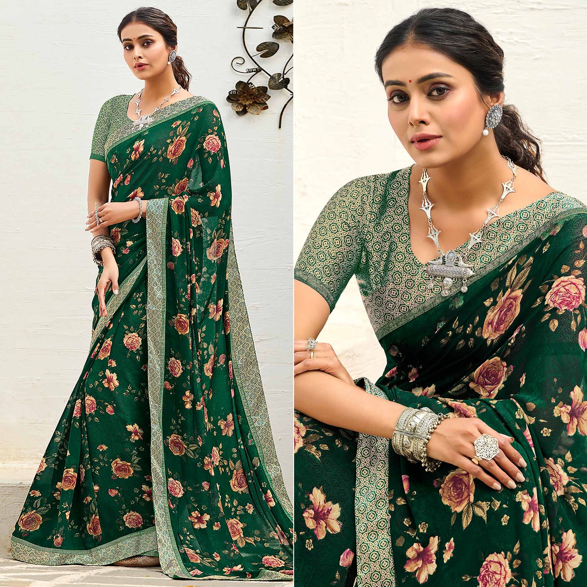 green-floral-printed-georgette-saree-5