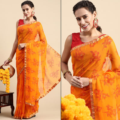 Light Orange Floral Foil Printed Zomato Saree