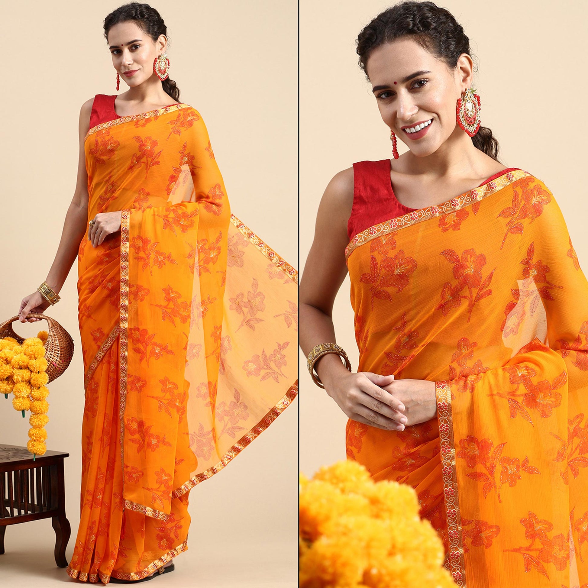 Light Orange Floral Foil Printed Zomato Saree