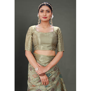 Grey Woven Organza Saree With Tassels