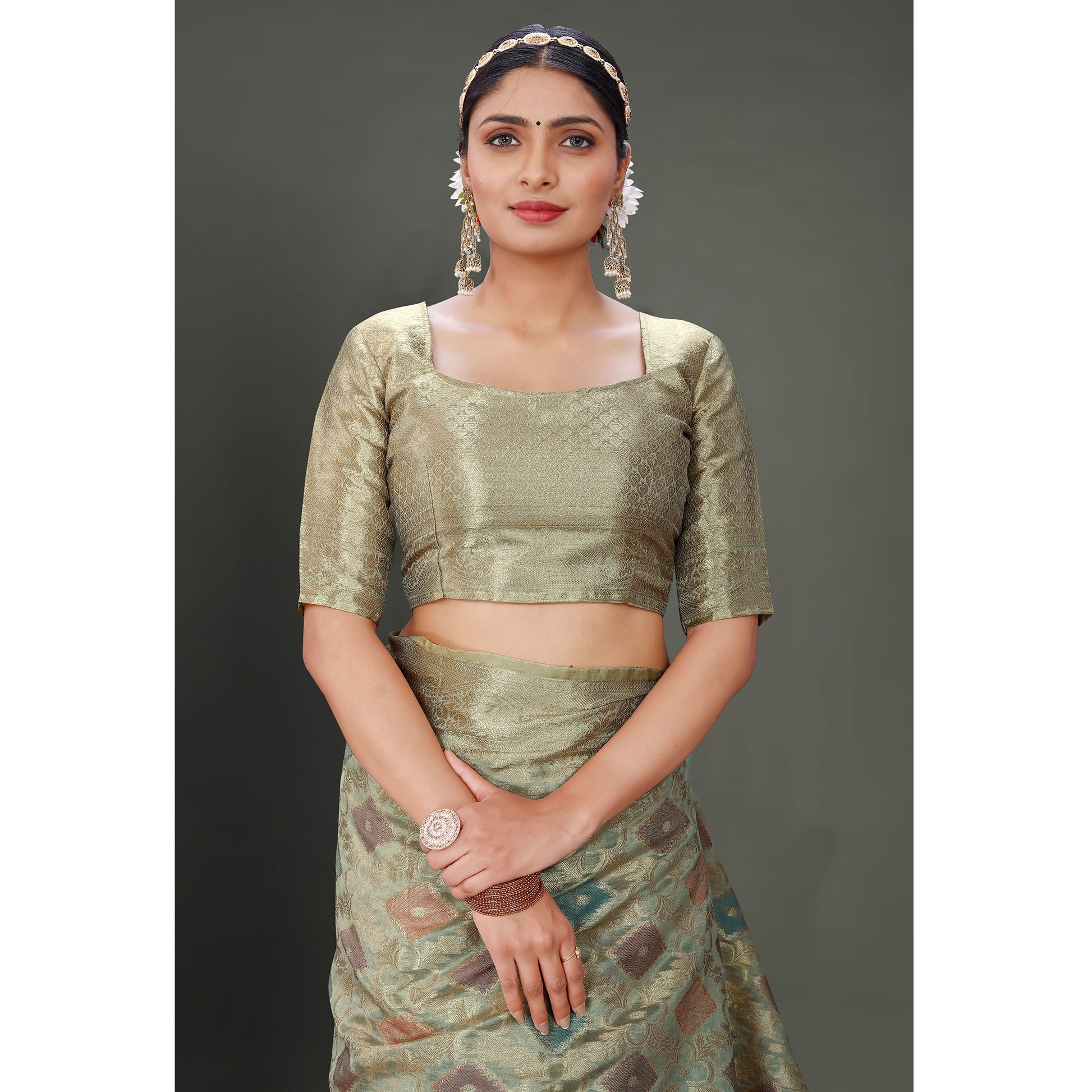 Grey Woven Organza Saree With Tassels