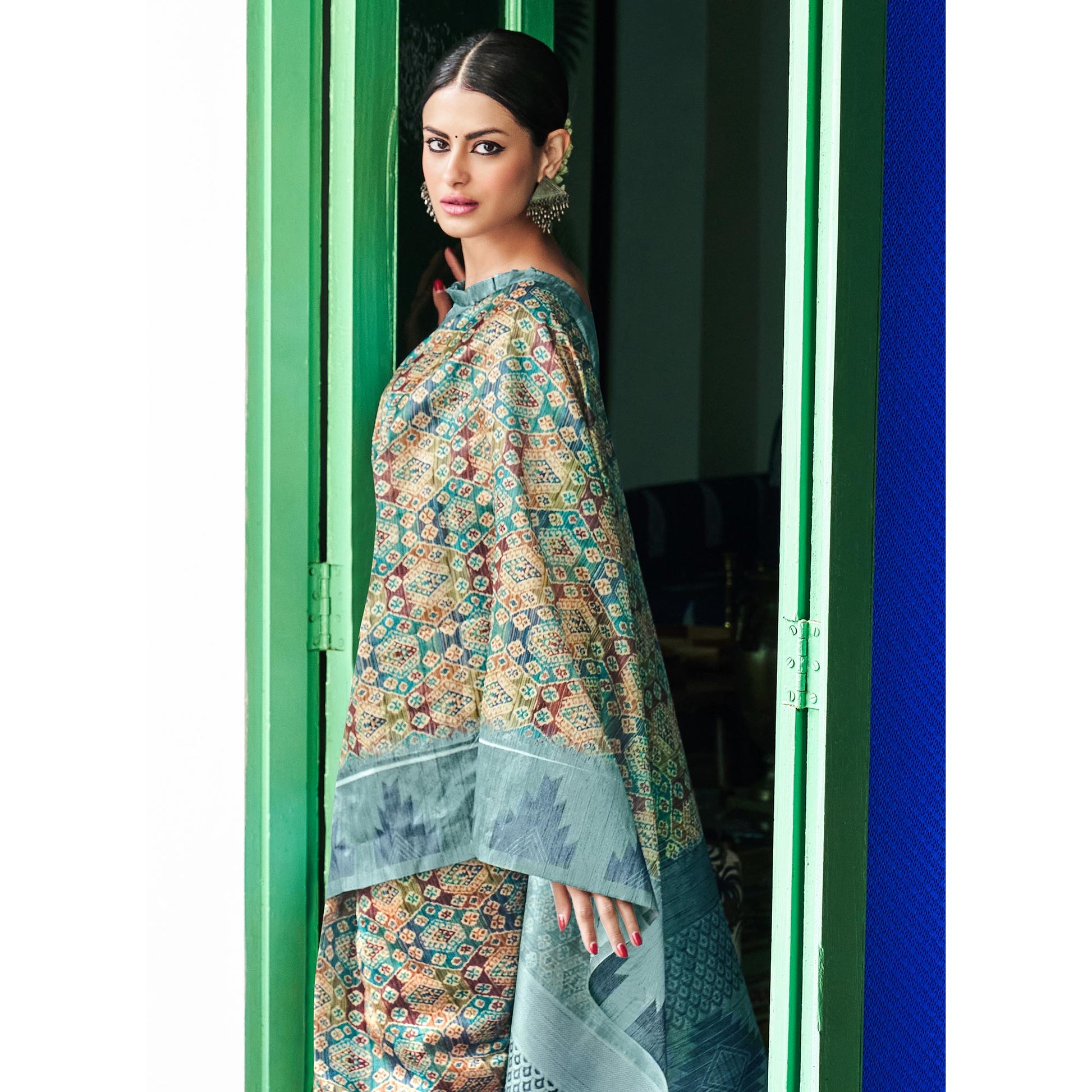 Multicolor Digital Printed Raw Silk Saree With Tassels