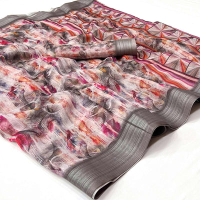 Multicolor Digital Printed Linen Saree