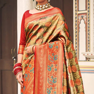 Mehendi Green Woven Kanjivaram Silk Saree With Tassels