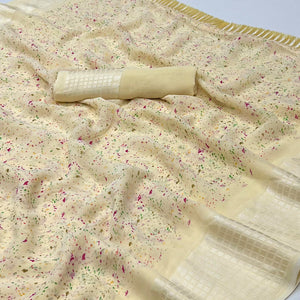 Cream Printed Georgette Saree With Tassels