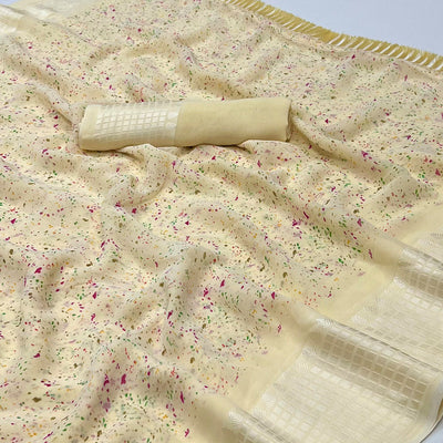 Cream Printed Georgette Saree With Tassels