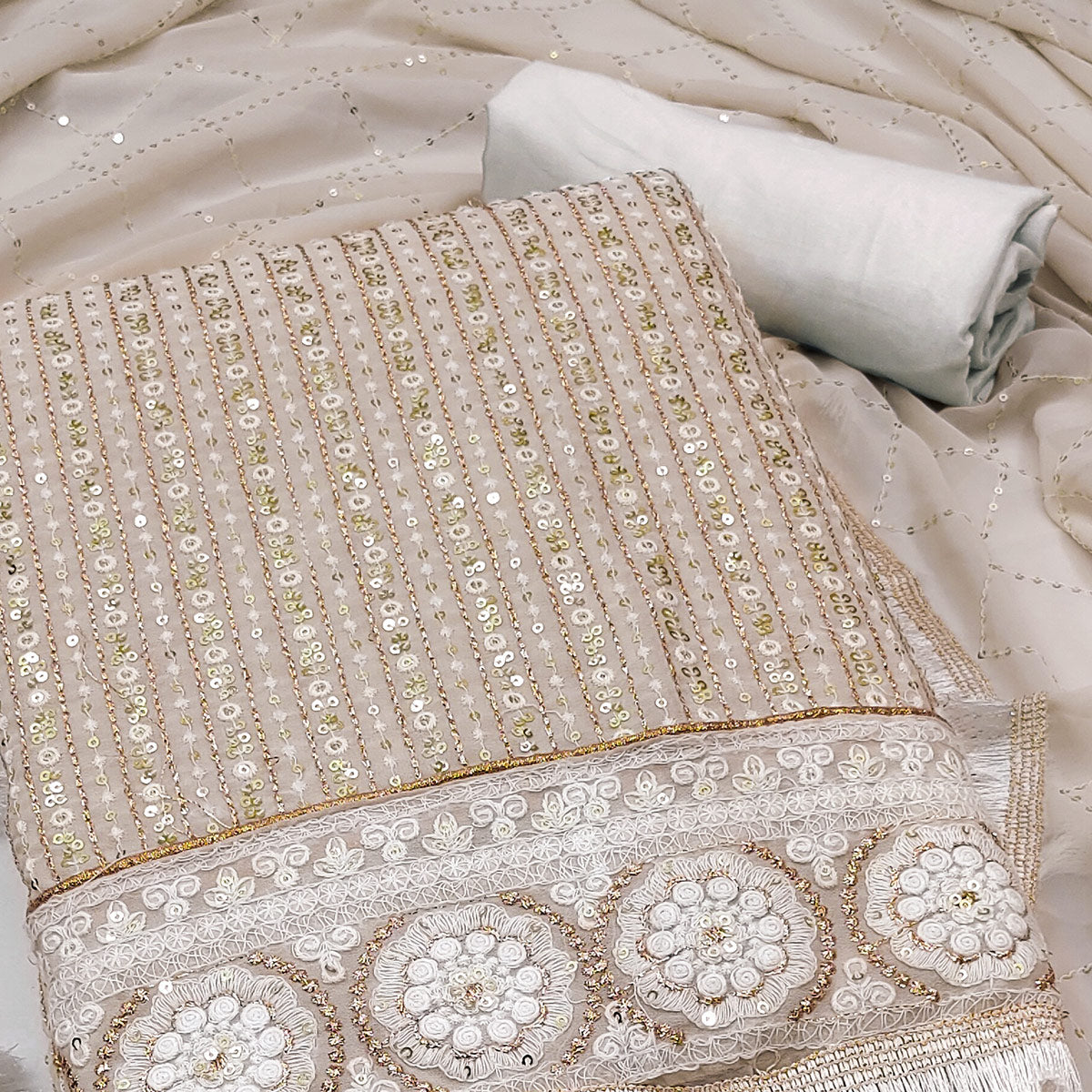 Light Brown Sequins Embroidered Georgette Dress Material