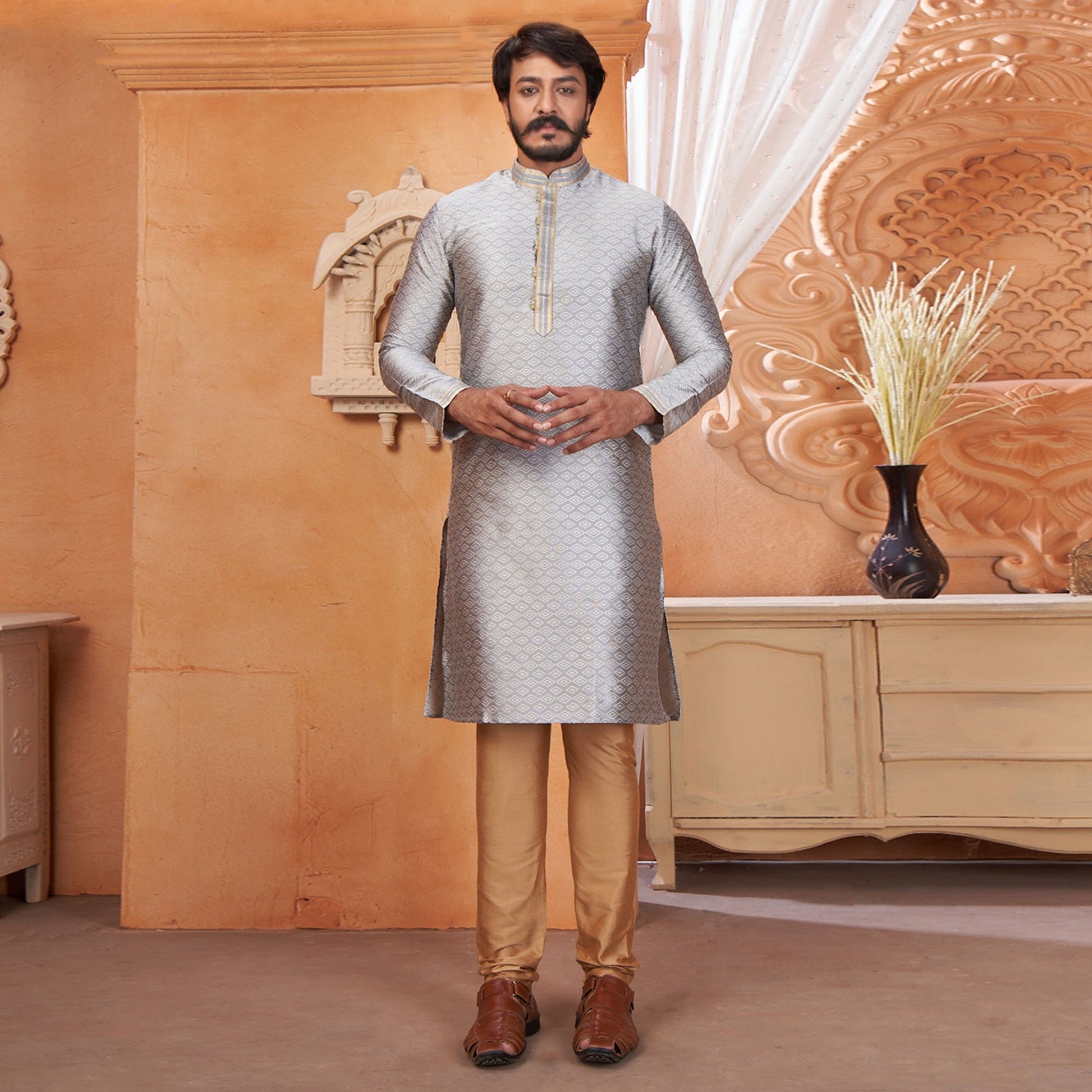 grey-embroidered-jacquard-kurta-pyjama-set