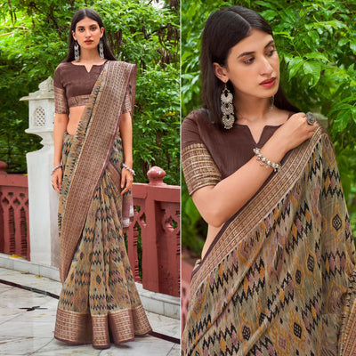 Grey Printed With Woven Border Raw Silk Saree