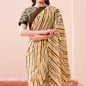 Cream Printed With Embroidered Georgette Saree