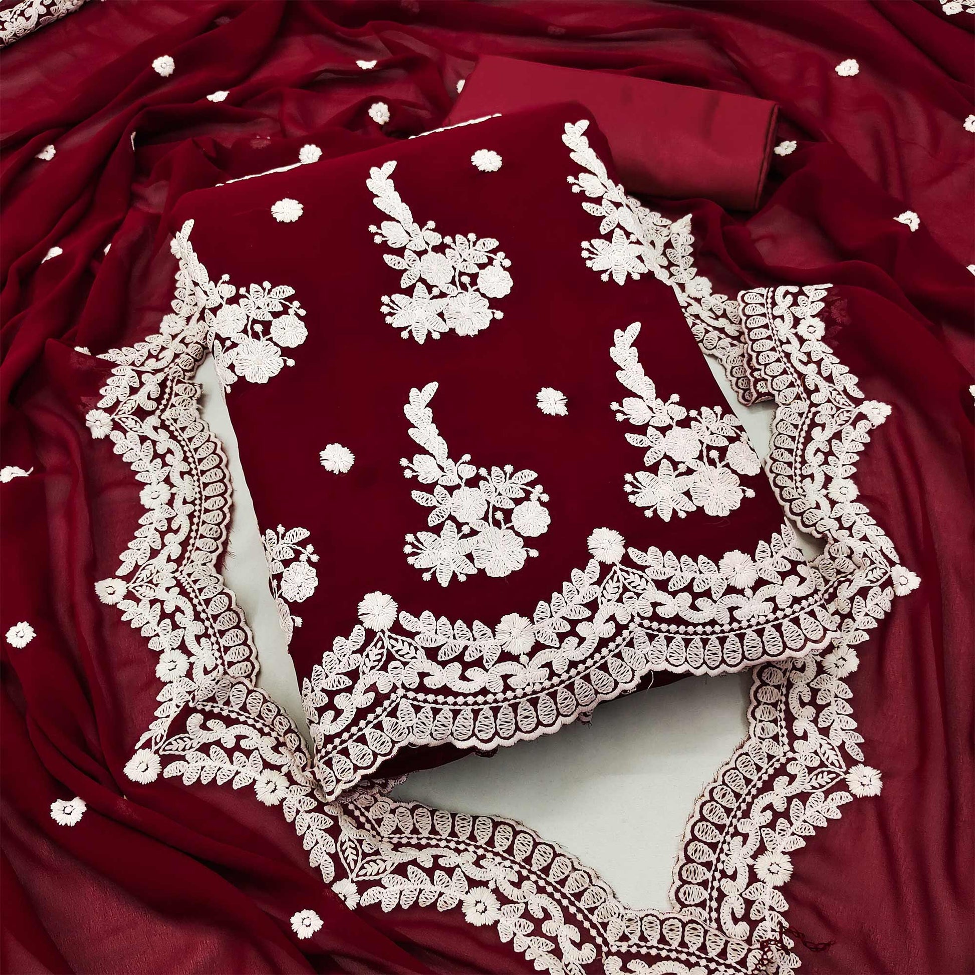 Maroon Floral Embroidered Georgette Dress Material