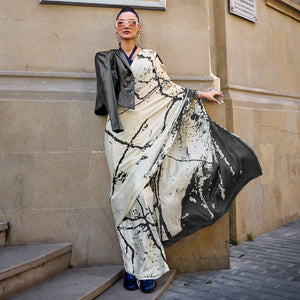 Cream Printed Crepe Saree