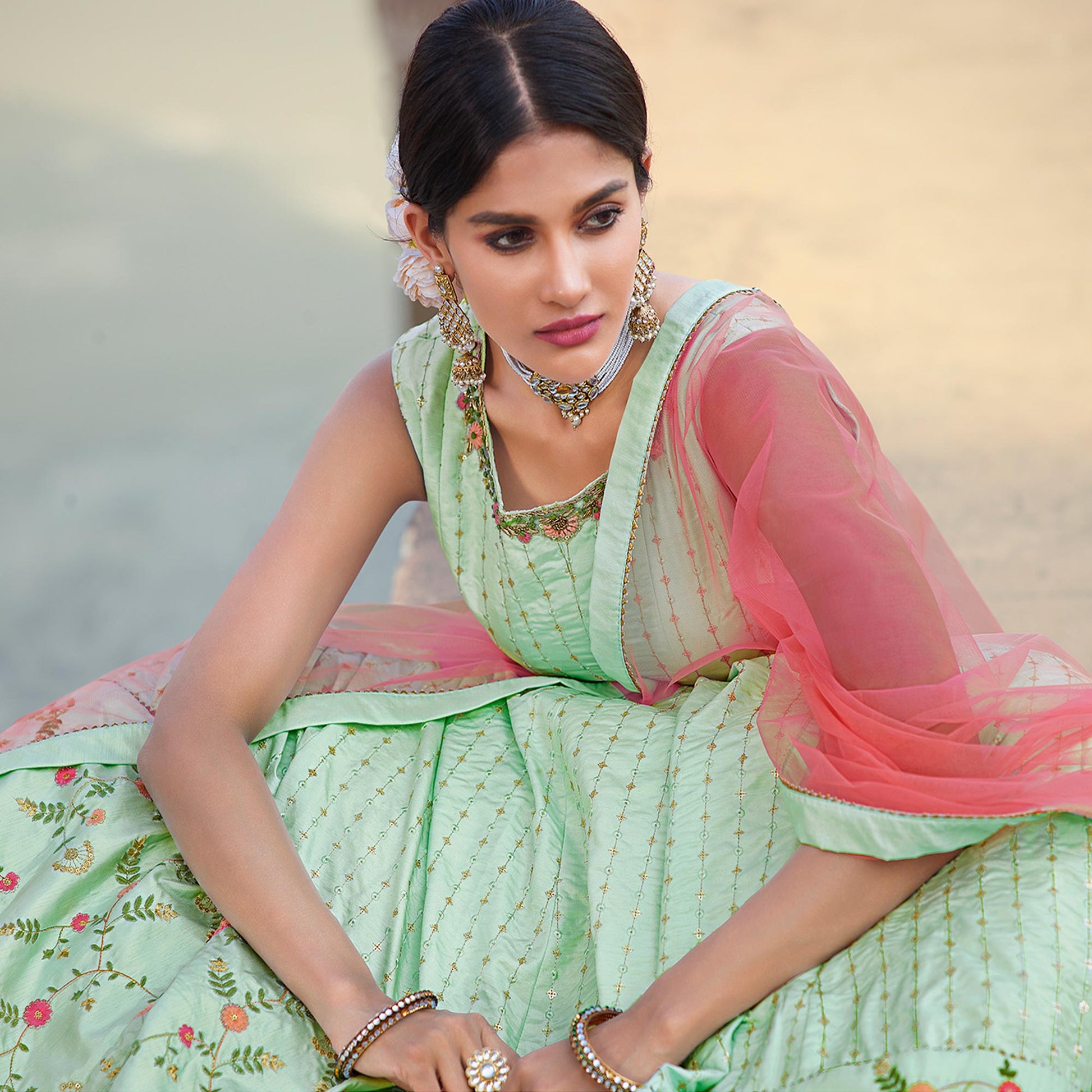 Light Sea Green Sequins Embroidered Raw Silk Gown