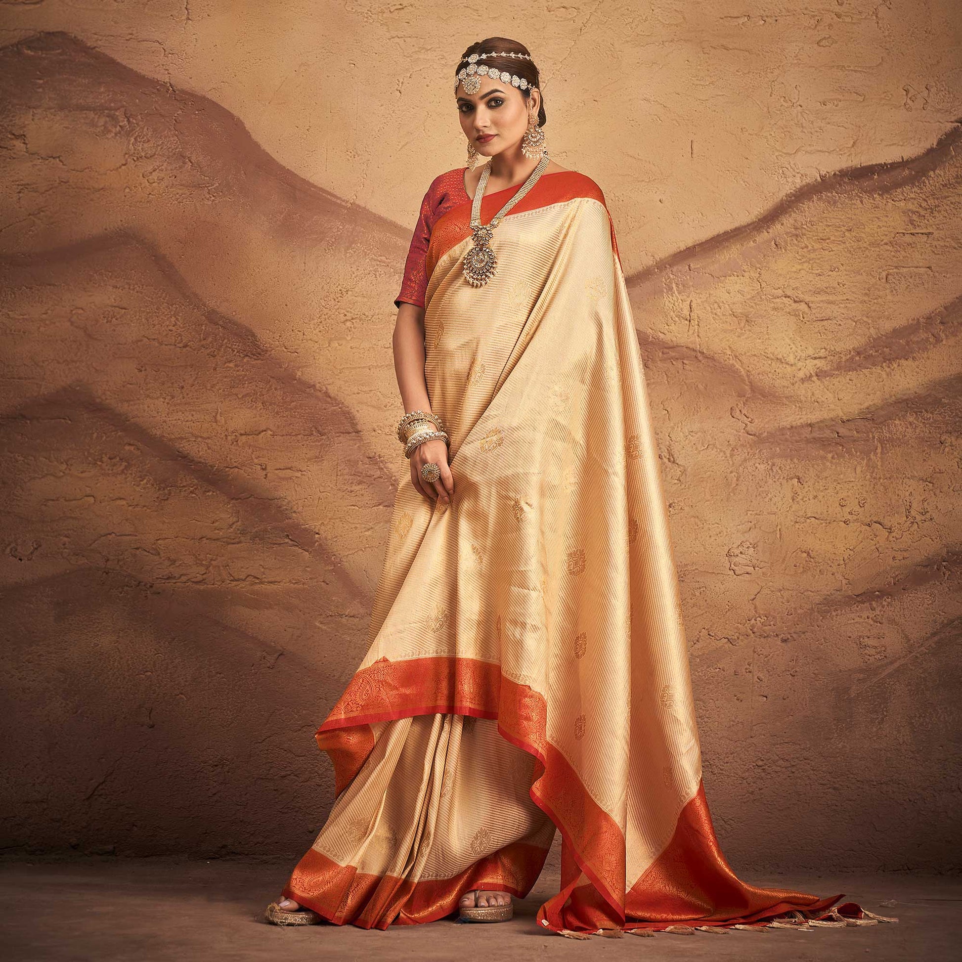 Cream Woven Art Silk Saree With Tassels
