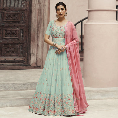 Light Pista Green Sequins Floral Embroidered Georgette Semi Stitched Anarkali Suit