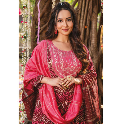 Maroon Pink Printed Rayon Naira Cut Suit