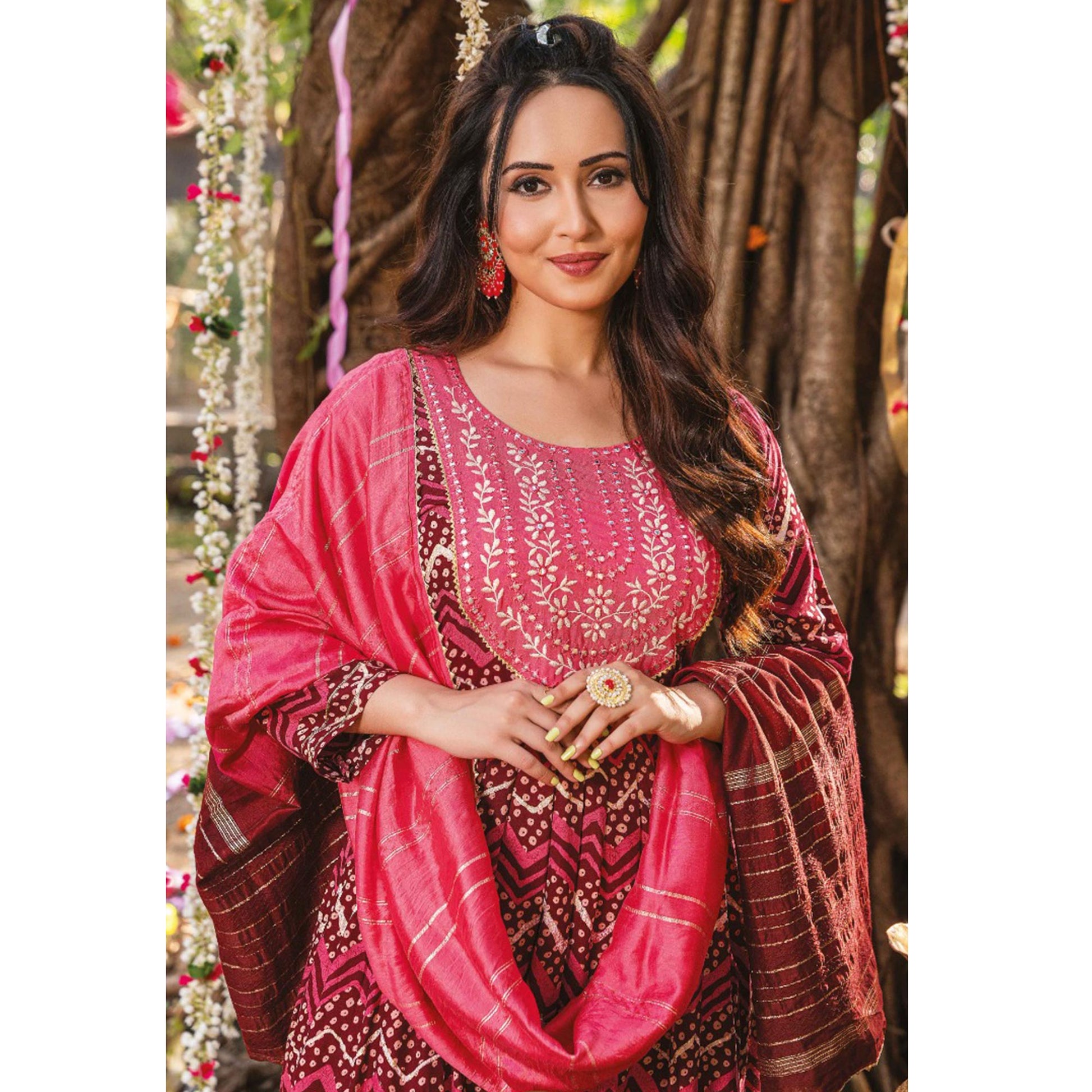 Maroon Pink Printed Rayon Naira Cut Suit
