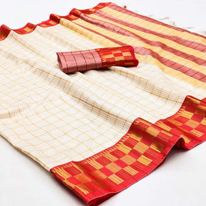 Cream & Red Woven Cotton Silk Saree
