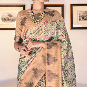 green-digital-printed-raw-silk-saree-with-tassels