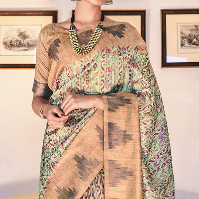 green-digital-printed-raw-silk-saree-with-tassels