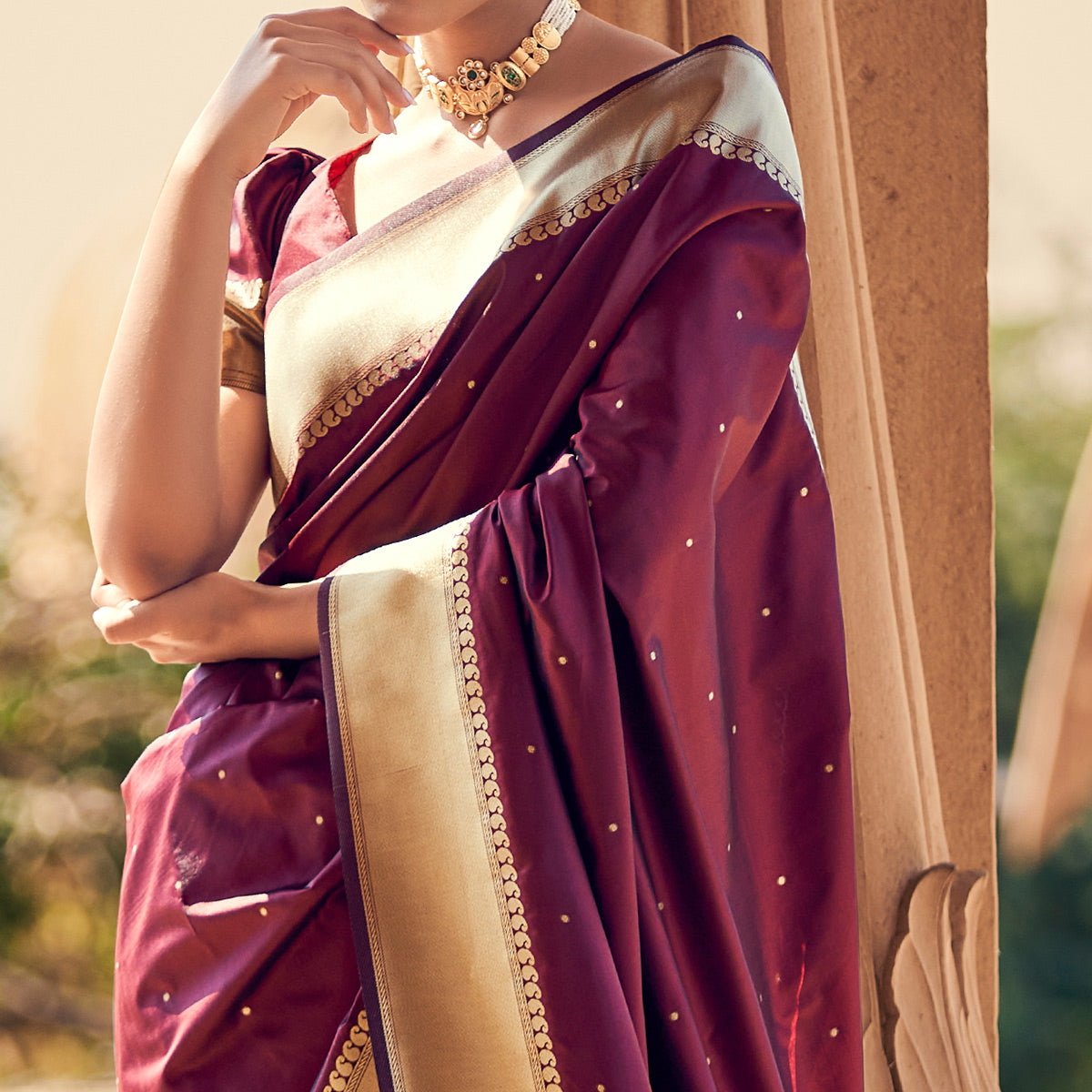 Maroon Woven Satin Saree