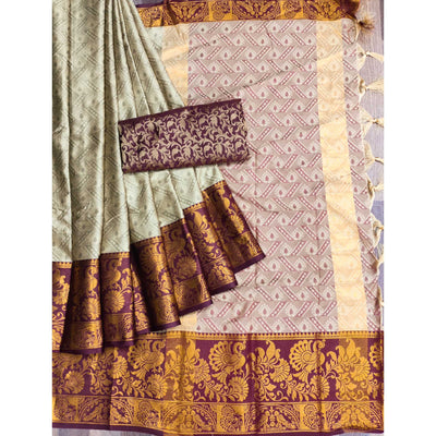 Chikoo Woven Cotton Silk Saree With Tassels