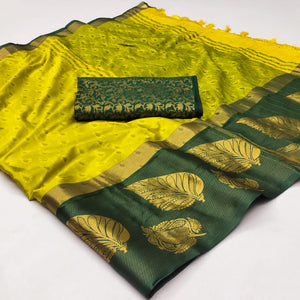 Lemon Green Woven Cotton Silk Saree With Tassels