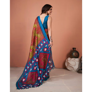 Brown Printed Jute Saree With Tassels