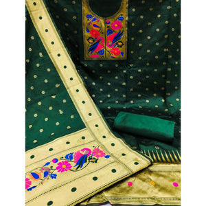 green-woven-banarasi-silk-paithani-dress-material