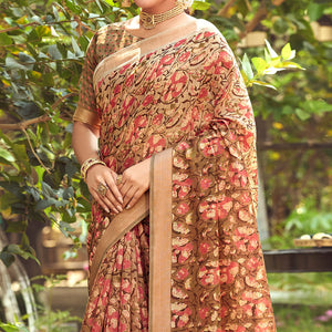 Brown Floral Printed With Woven Border Linen Saree
