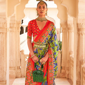 e-olive-green-blue-printed-tussar-silk-saree-with-tassels