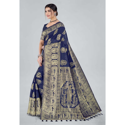 Blue Woven Organza Saree With Tassels