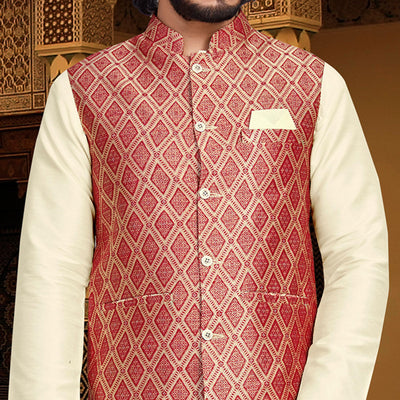 Cream Red Woven Art Silk Kurta Pyjama Set With Jacket