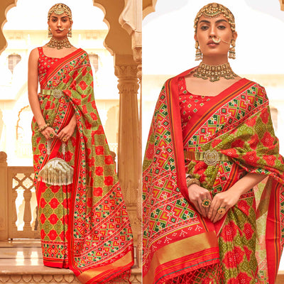 olive-green-red-printed-tussar-silk-saree-with-tassels