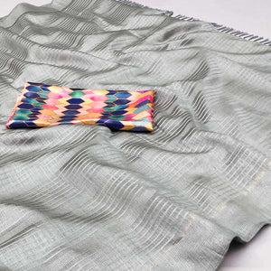 Grey Striped Pattern Manipuri Silk Saree