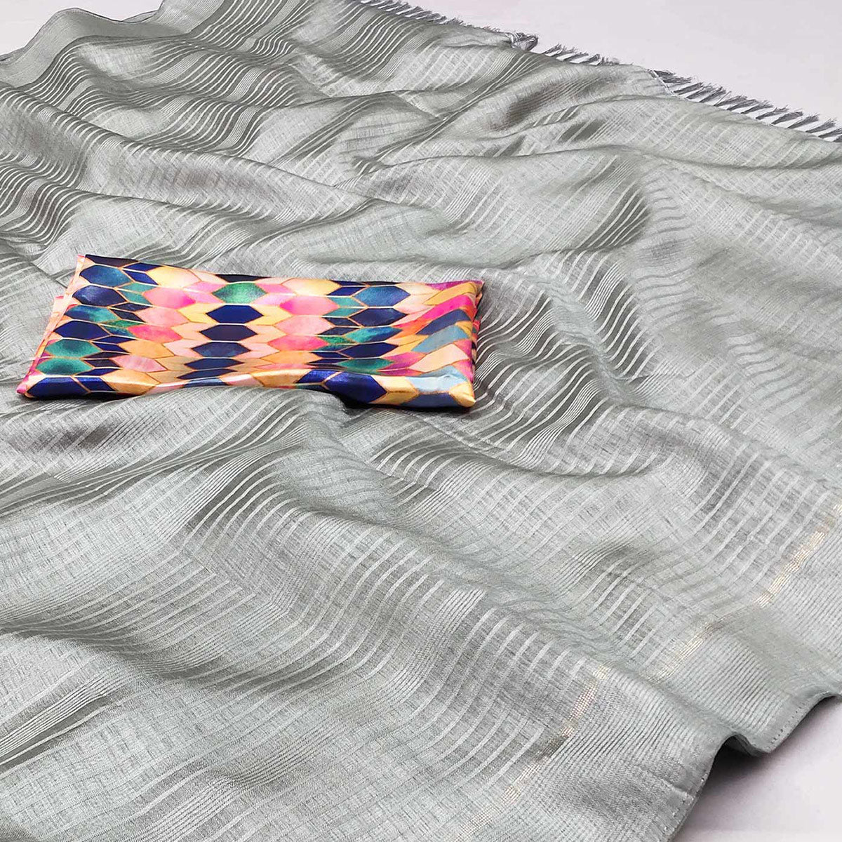 Grey Striped Pattern Manipuri Silk Saree