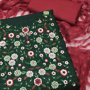 Bottle Green Floral Sequins Embroidered Cotton Blend Dress Material