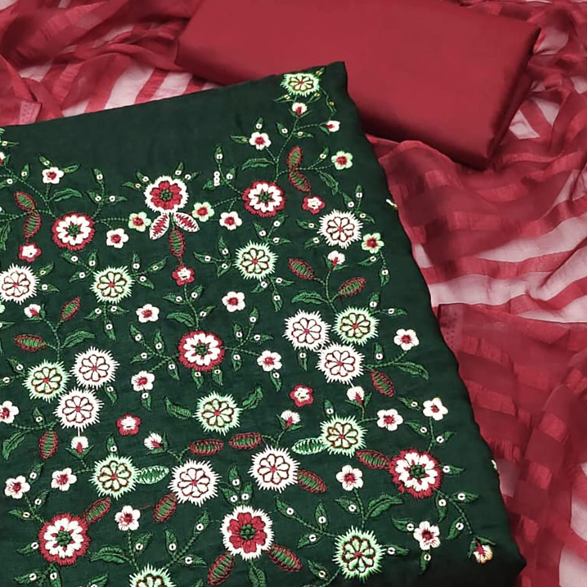 Bottle Green Floral Sequins Embroidered Cotton Blend Dress Material
