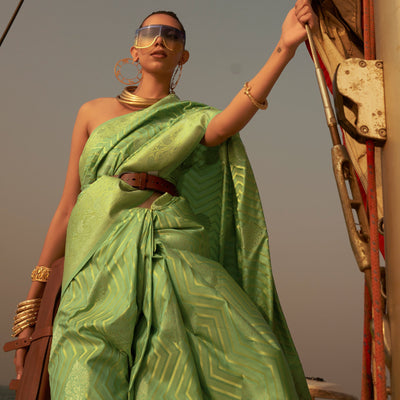 Mint Green Woven Satin Saree With Tassels