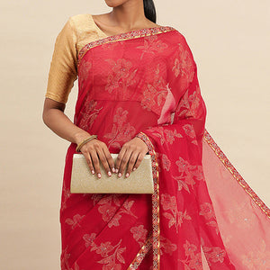 Maroon Floral Foil Printed Zomato Saree