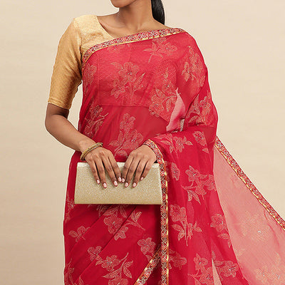Maroon Floral Foil Printed Zomato Saree
