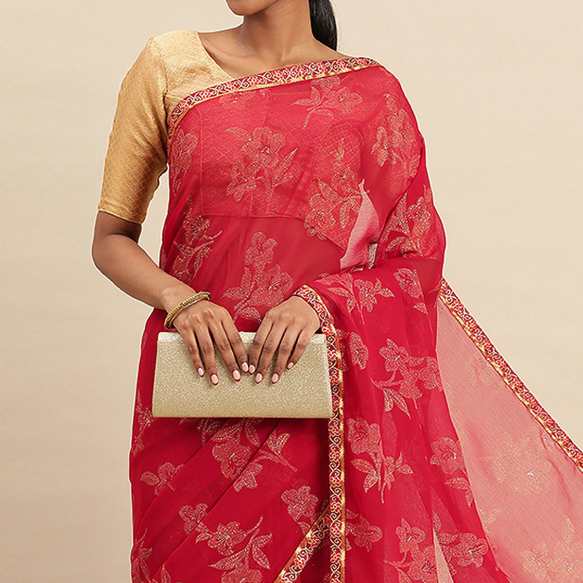 Maroon Floral Foil Printed Zomato Saree