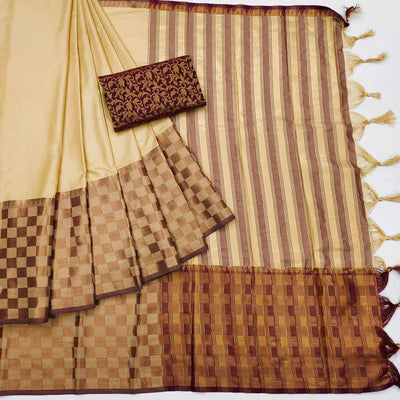 Chikoo Woven Cotton Silk Saree With Tassels