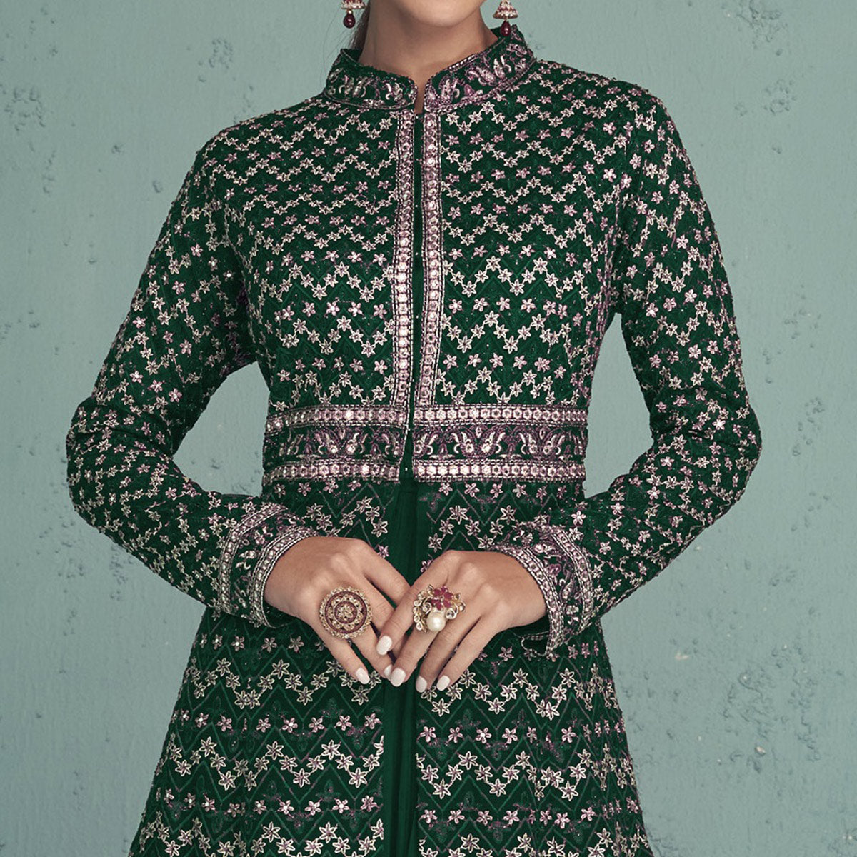 green-floral-embroidered-georgette-front-slit-suit