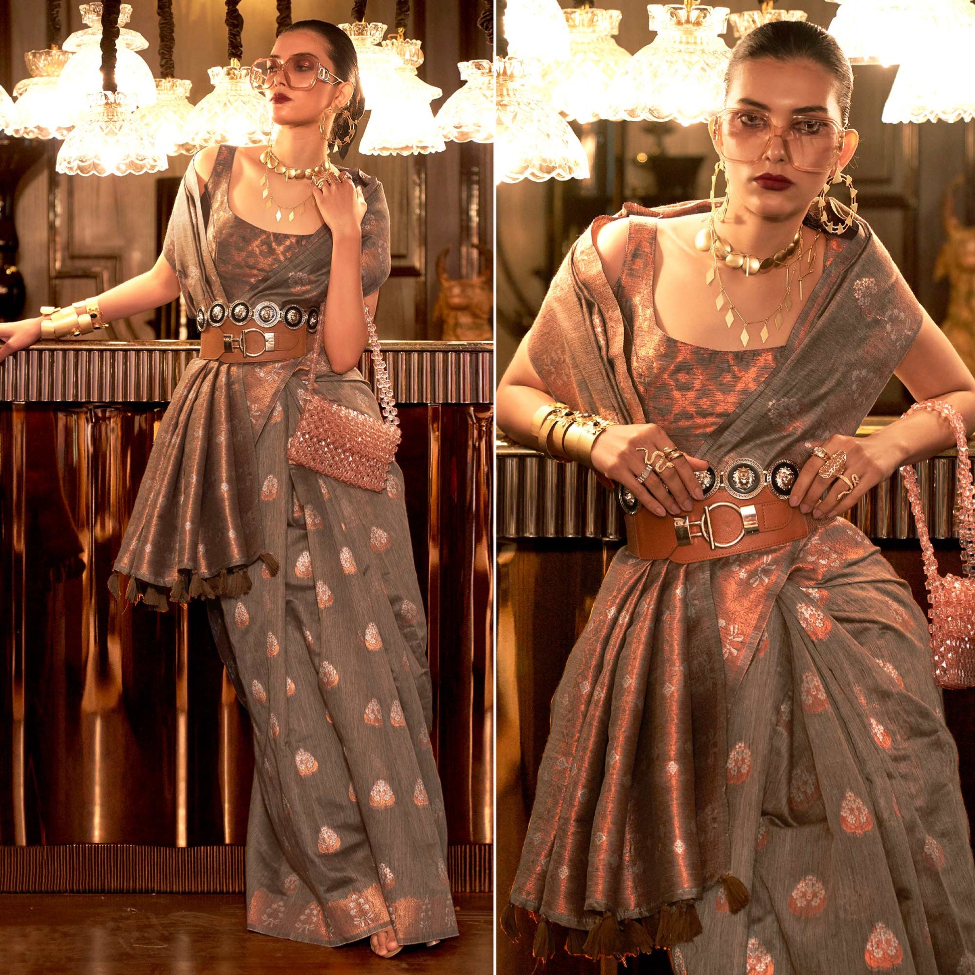 Brown Woven Linen Saree With Tassels