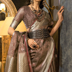 Coffee Brown Woven Organza Saree With Tassels